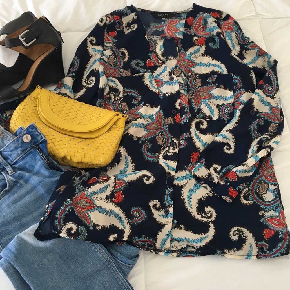 Pagani navy & red paisley print collarless blouse, NZ6 (US0)